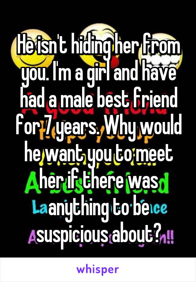 He isn't hiding her from you. I'm a girl and have had a male best friend for 7 years. Why would he want you to meet her if there was anything to be suspicious about?