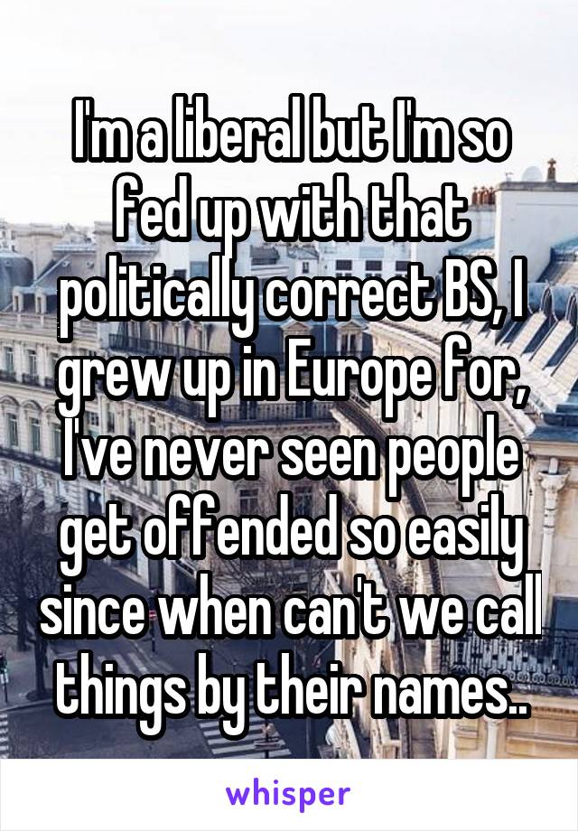 I'm a liberal but I'm so fed up with that politically correct BS, I grew up in Europe for, I've never seen people get offended so easily since when can't we call things by their names..