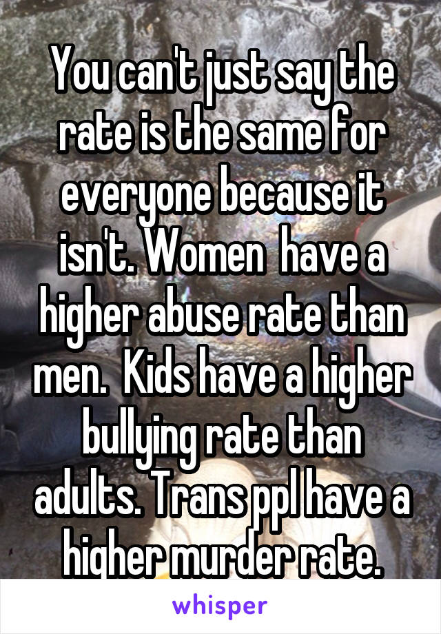 You can't just say the rate is the same for everyone because it isn't. Women  have a higher abuse rate than men.  Kids have a higher bullying rate than adults. Trans ppl have a higher murder rate.