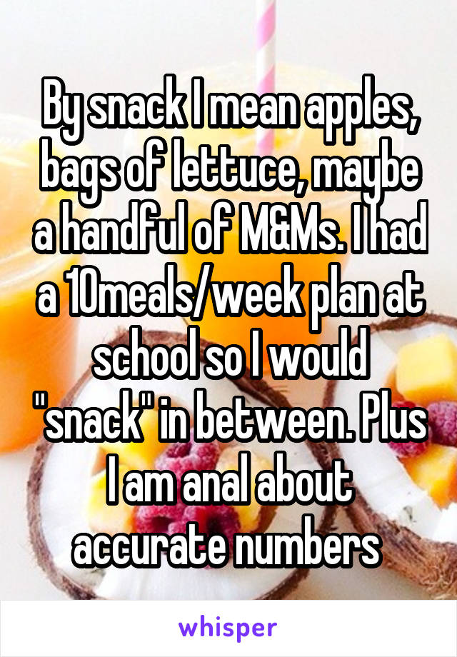 By snack I mean apples, bags of lettuce, maybe a handful of M&Ms. I had a 10meals/week plan at school so I would "snack" in between. Plus I am anal about accurate numbers 