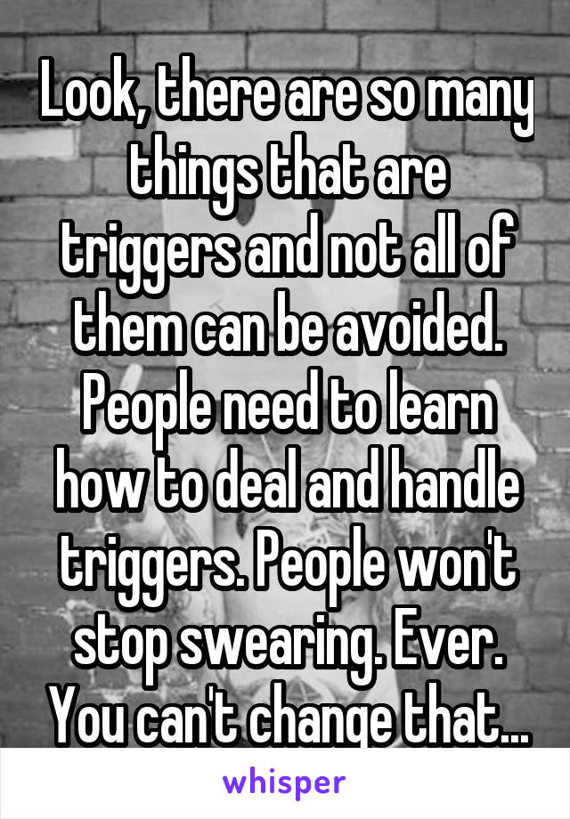 Look, there are so many things that are triggers and not all of them can be avoided. People need to learn how to deal and handle triggers. People won't stop swearing. Ever. You can't change that...