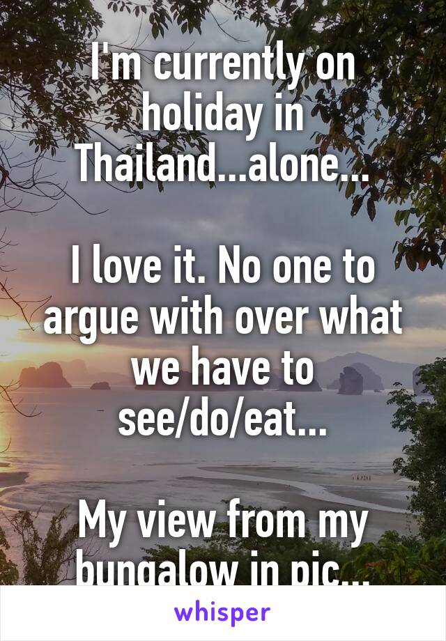 I'm currently on holiday in Thailand...alone...

I love it. No one to argue with over what we have to see/do/eat...

My view from my bungalow in pic...