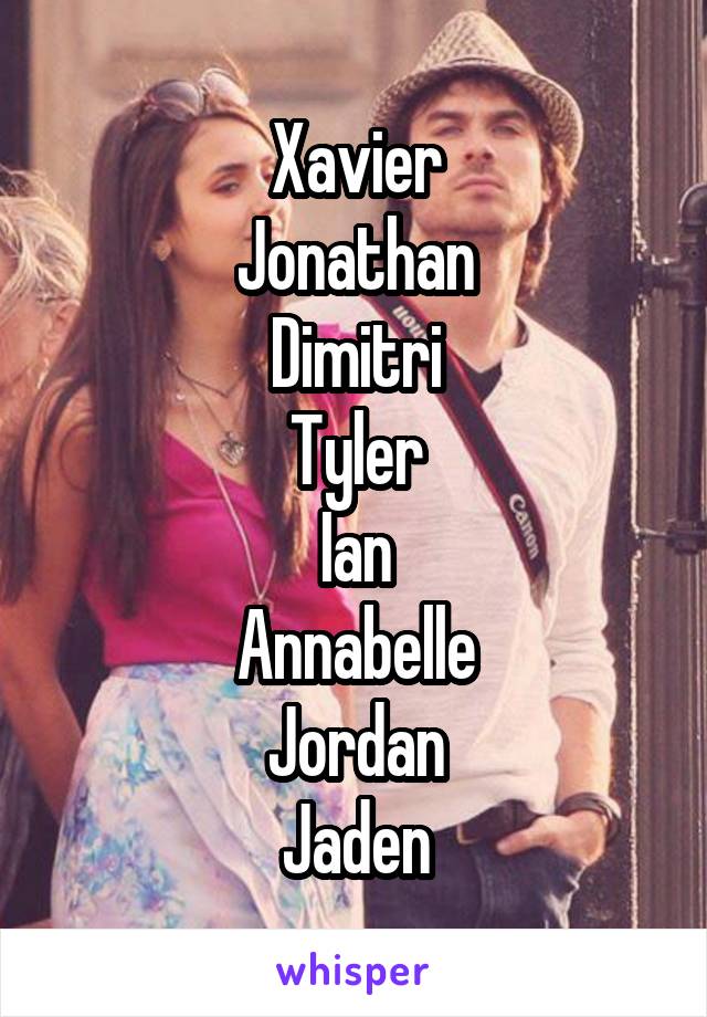 Xavier
Jonathan
Dimitri
Tyler
Ian
Annabelle
Jordan
Jaden