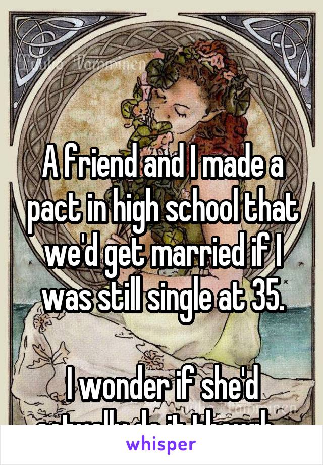 


A friend and I made a pact in high school that we'd get married if I was still single at 35.

I wonder if she'd actually do it though...