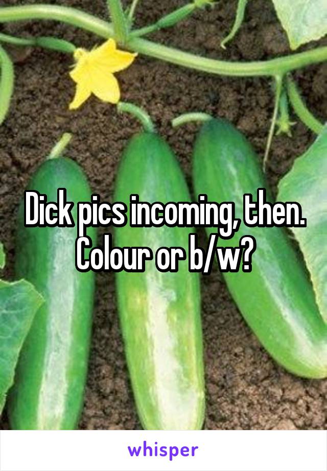 Dick pics incoming, then. Colour or b/w?