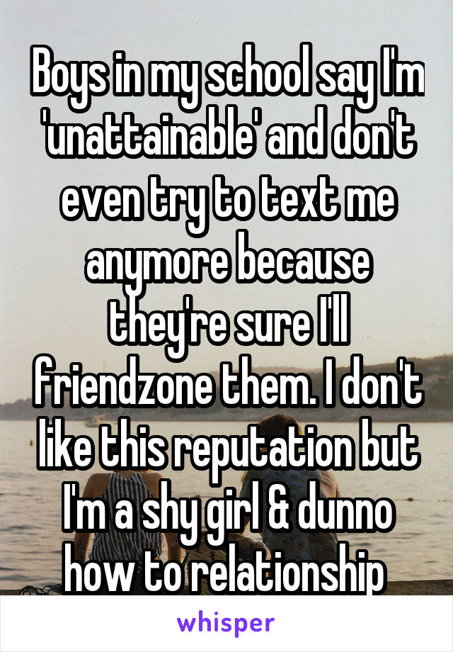 Boys in my school say I'm 'unattainable' and don't even try to text me anymore because they're sure I'll friendzone them. I don't like this reputation but I'm a shy girl & dunno how to relationship 