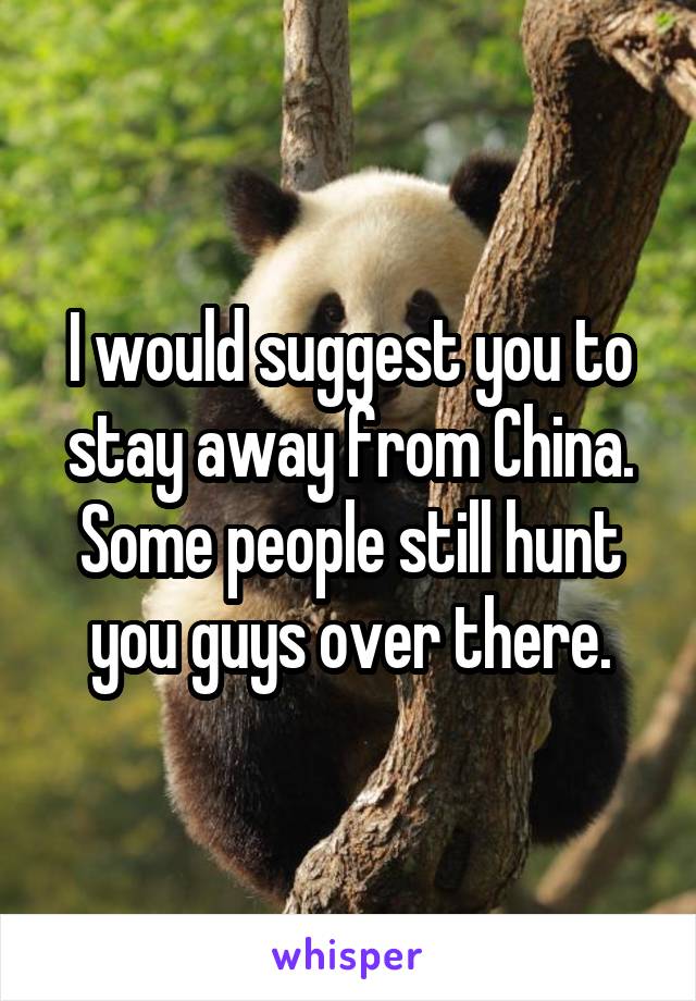 I would suggest you to stay away from China.
Some people still hunt you guys over there.