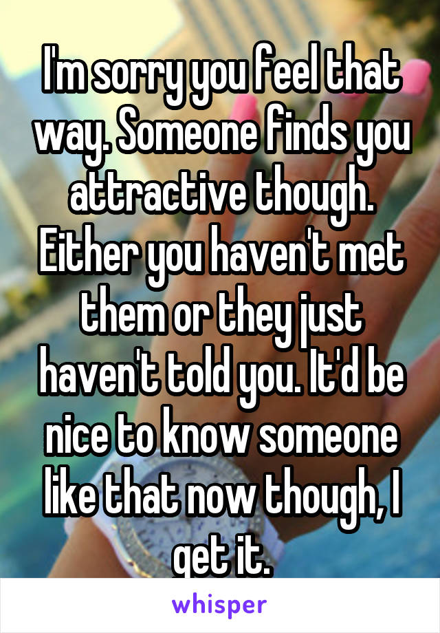 I'm sorry you feel that way. Someone finds you attractive though. Either you haven't met them or they just haven't told you. It'd be nice to know someone like that now though, I get it.