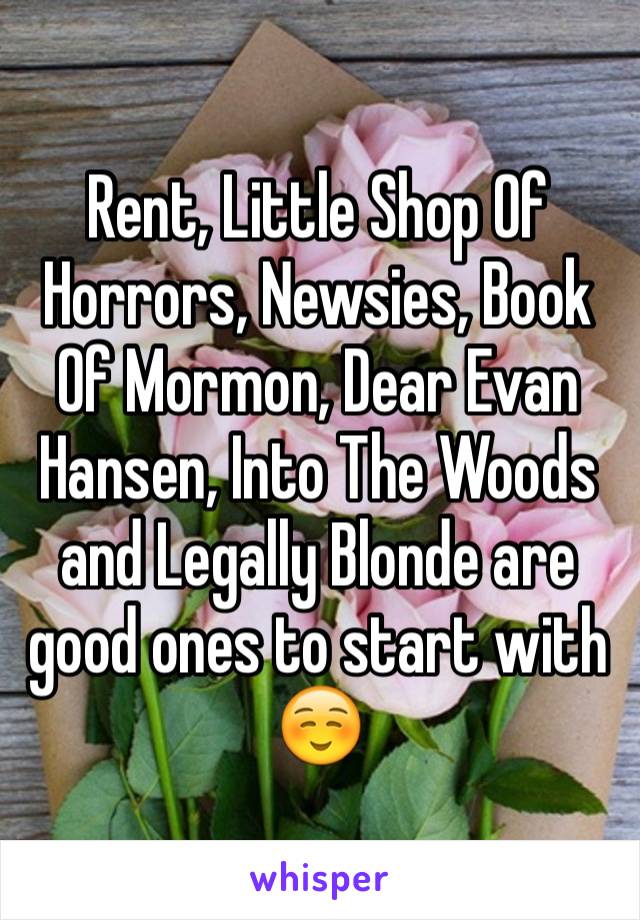 Rent, Little Shop Of Horrors, Newsies, Book Of Mormon, Dear Evan Hansen, Into The Woods and Legally Blonde are good ones to start with ☺️ 