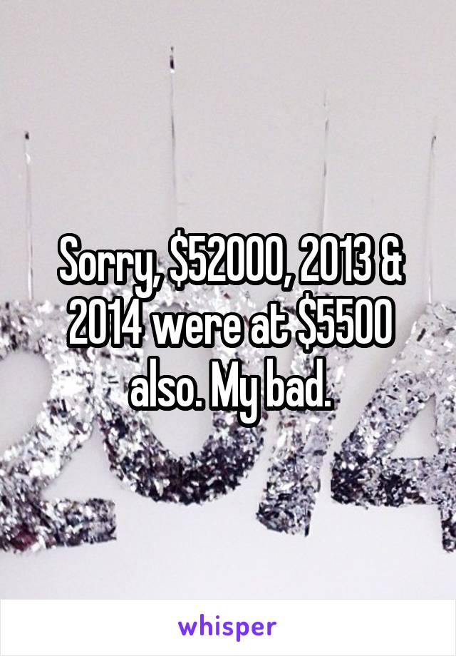 Sorry, $52000, 2013 & 2014 were at $5500 also. My bad.