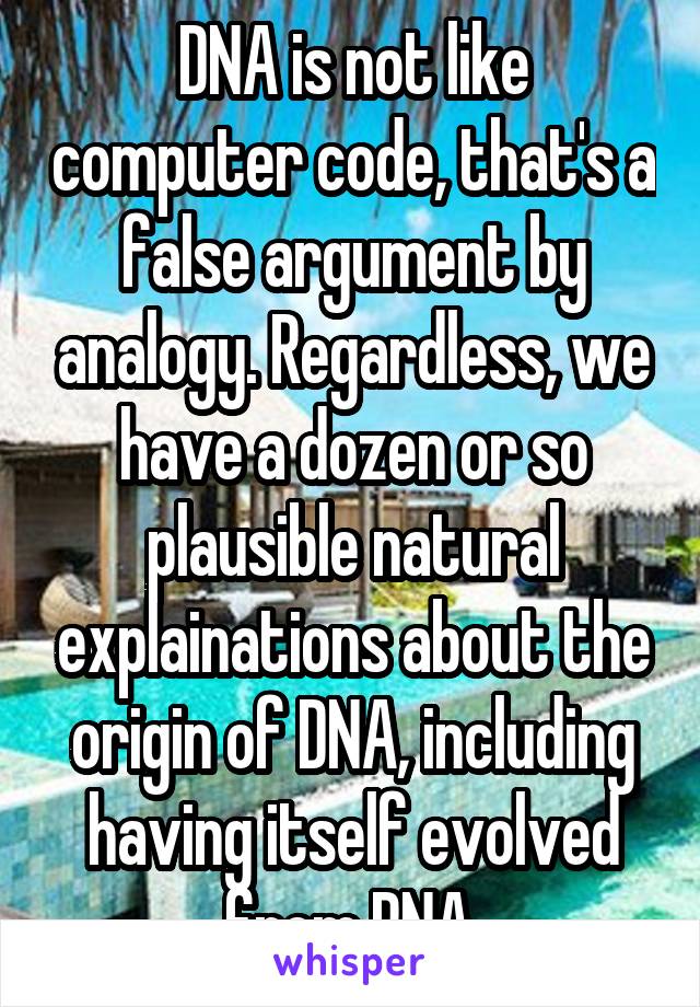 DNA is not like computer code, that's a false argument by analogy. Regardless, we have a dozen or so plausible natural explainations about the origin of DNA, including having itself evolved from RNA.