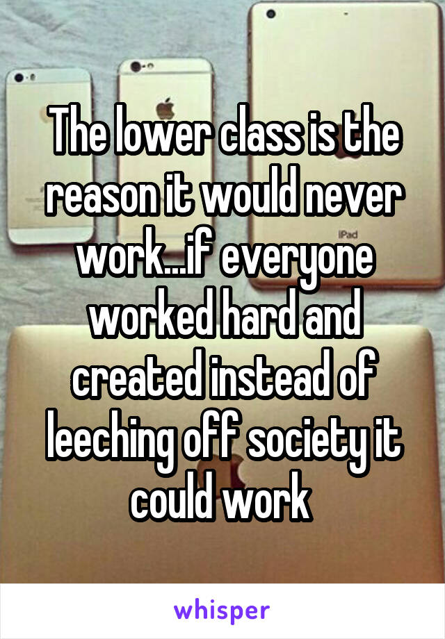 The lower class is the reason it would never work...if everyone worked hard and created instead of leeching off society it could work 