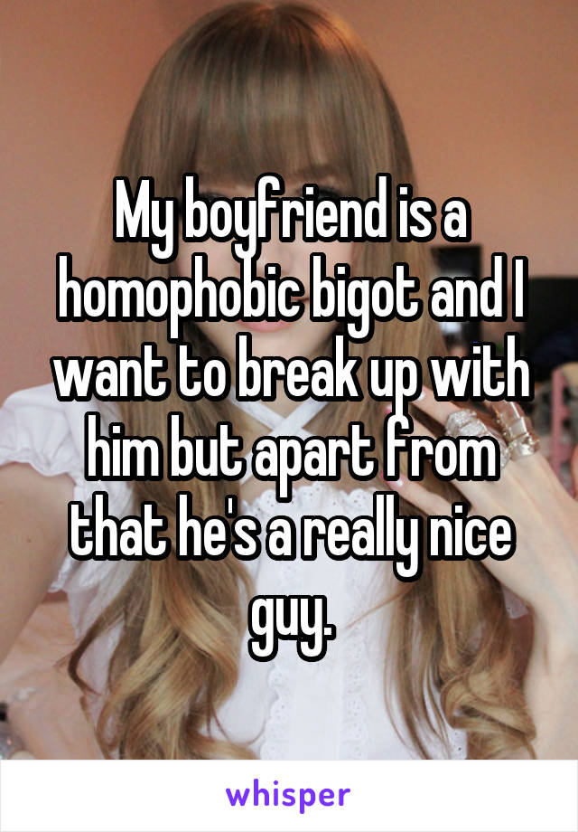 My boyfriend is a homophobic bigot and I want to break up with him but apart from that he's a really nice guy.