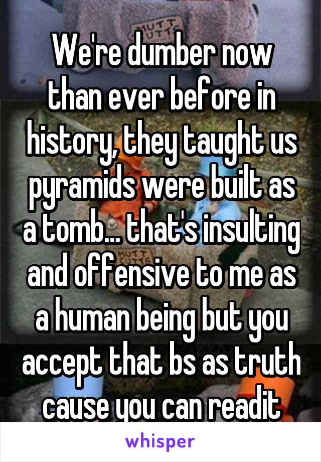 We're dumber now than ever before in history, they taught us pyramids were built as a tomb... that's insulting and offensive to me as a human being but you accept that bs as truth cause you can readit