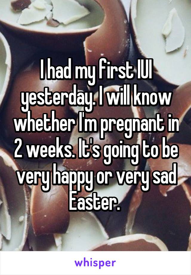 I had my first IUI yesterday. I will know whether I'm pregnant in 2 weeks. It's going to be very happy or very sad Easter. 