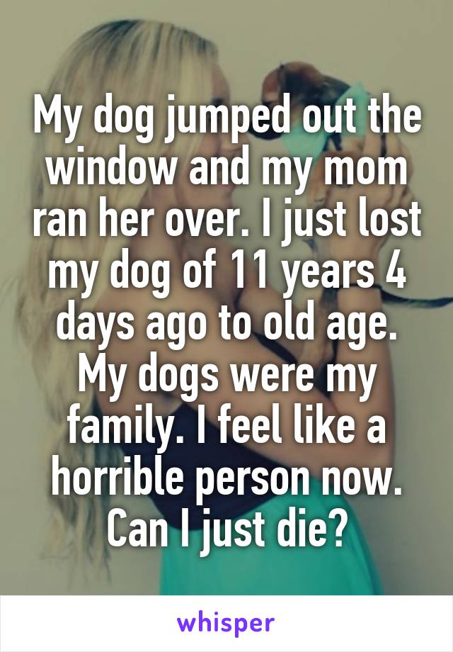 My dog jumped out the window and my mom ran her over. I just lost my dog of 11 years 4 days ago to old age.
My dogs were my family. I feel like a horrible person now. Can I just die?