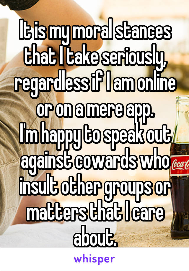 It is my moral stances that I take seriously, regardless if I am online or on a mere app.
I'm happy to speak out against cowards who insult other groups or matters that I care about.