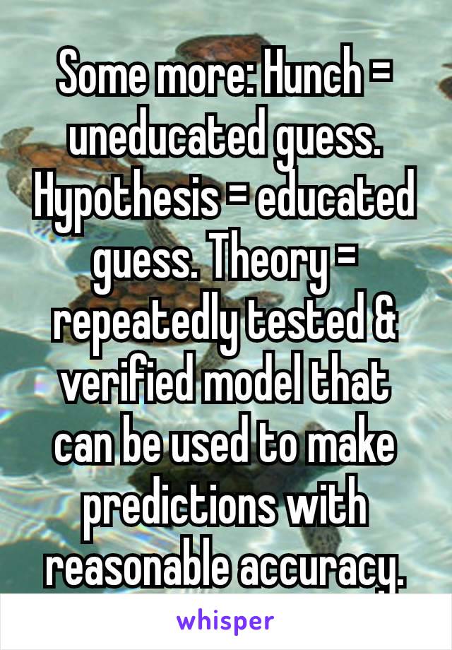 Some more: Hunch = uneducated guess. Hypothesis = educated guess. Theory = repeatedly tested & verified model that can be used to make predictions with​ reasonable accuracy.