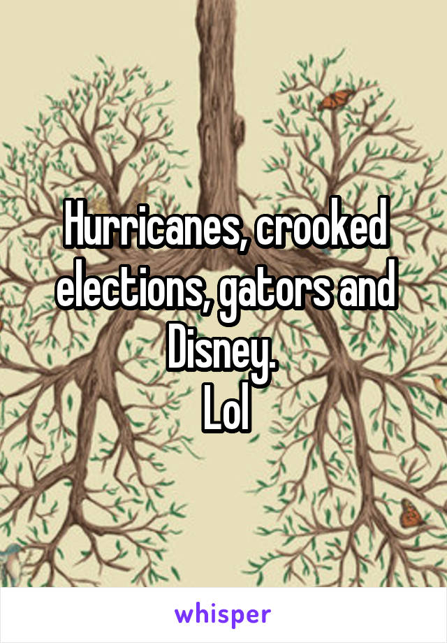 Hurricanes, crooked elections, gators and Disney. 
Lol