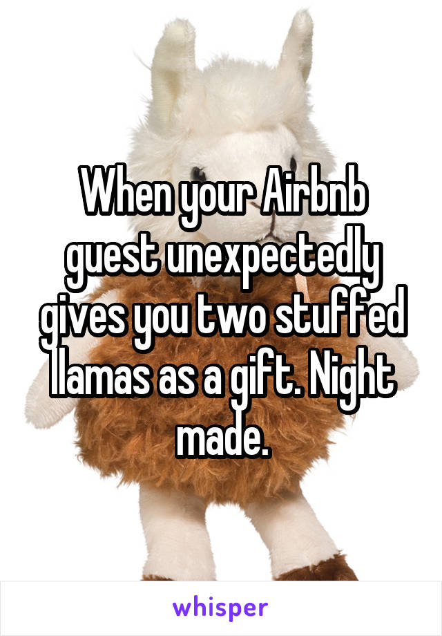 When your Airbnb guest unexpectedly gives you two stuffed llamas as a gift. Night made.