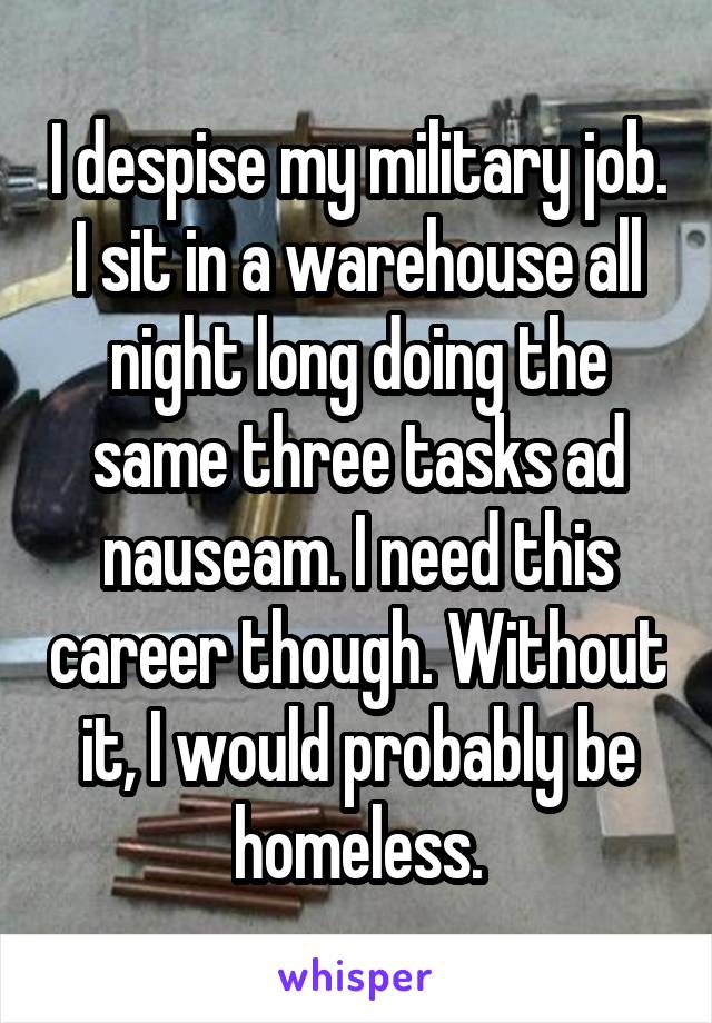 I despise my military job. I sit in a warehouse all night long doing the same three tasks ad nauseam. I need this career though. Without it, I would probably be homeless.