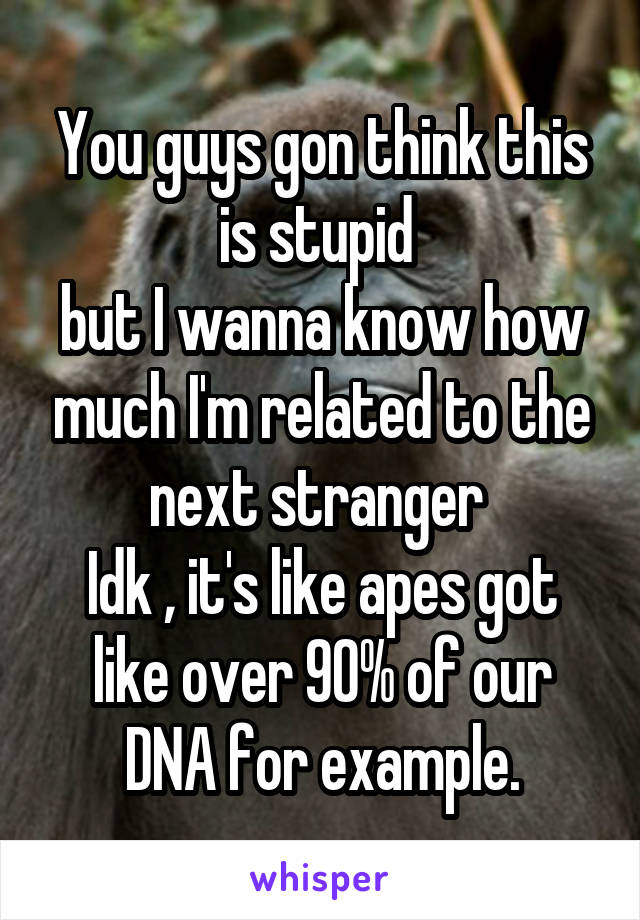 You guys gon think this is stupid 
but I wanna know how much I'm related to the next stranger 
Idk , it's like apes got like over 90% of our DNA for example.