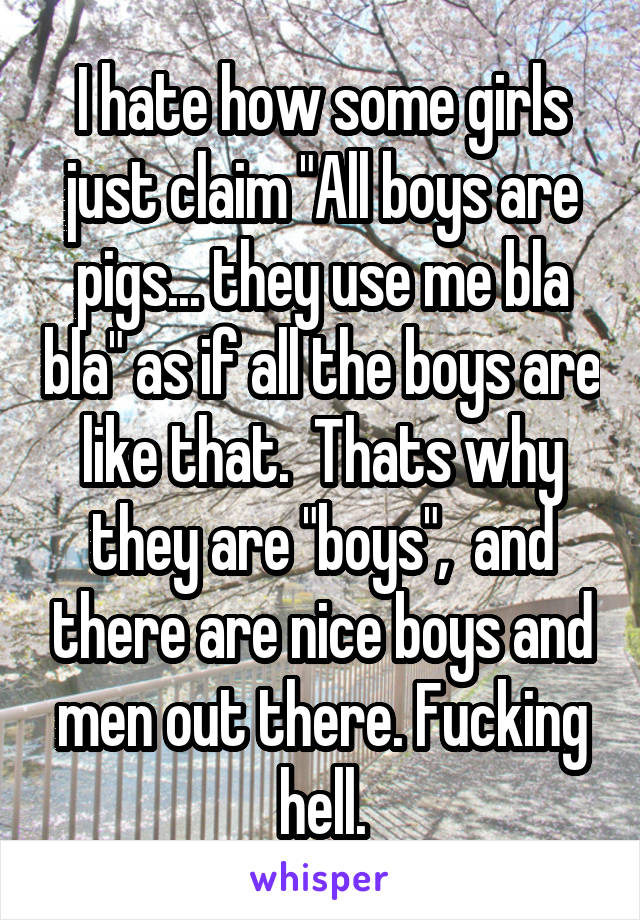 I hate how some girls just claim "All boys are pigs... they use me bla bla" as if all the boys are like that.  Thats why they are "boys",  and there are nice boys and men out there. Fucking hell.