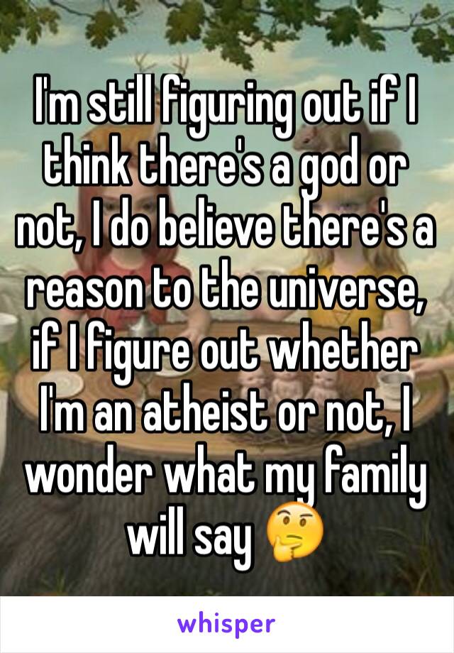 I'm still figuring out if I think there's a god or not, I do believe there's a reason to the universe, if I figure out whether I'm an atheist or not, I wonder what my family will say 🤔