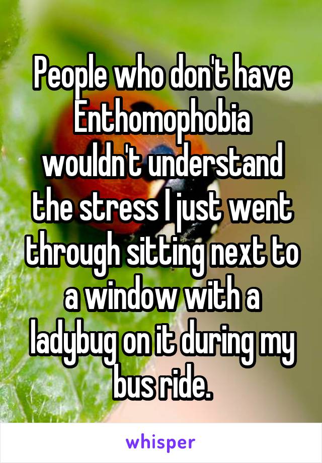 People who don't have Enthomophobia wouldn't understand the stress I just went through sitting next to a window with a ladybug on it during my bus ride.