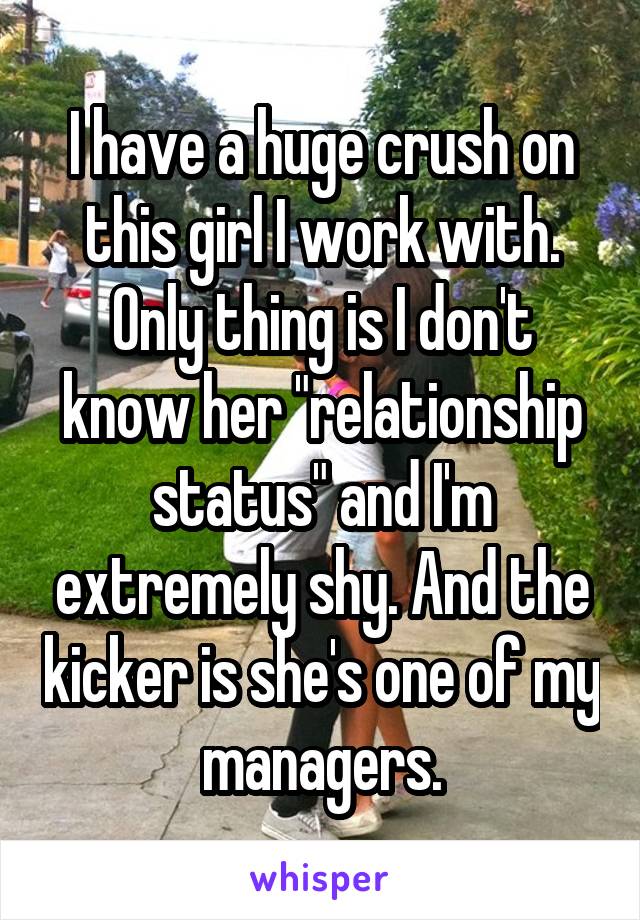 I have a huge crush on this girl I work with. Only thing is I don't know her "relationship status" and I'm extremely shy. And the kicker is she's one of my managers.