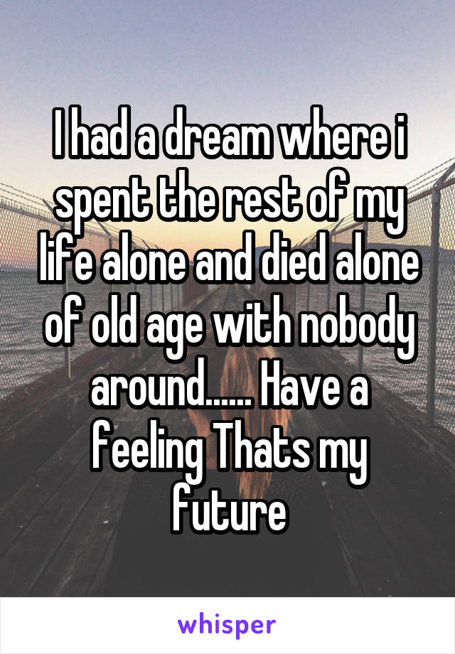 I had a dream where i spent the rest of my life alone and died alone of old age with nobody around...... Have a feeling Thats my future