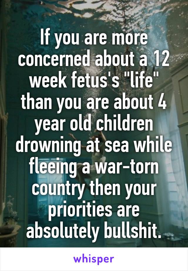 If you are more concerned about a 12 week fetus's "life" than you are about 4 year old children drowning at sea while fleeing a war-torn country then your priorities are absolutely bullshit.