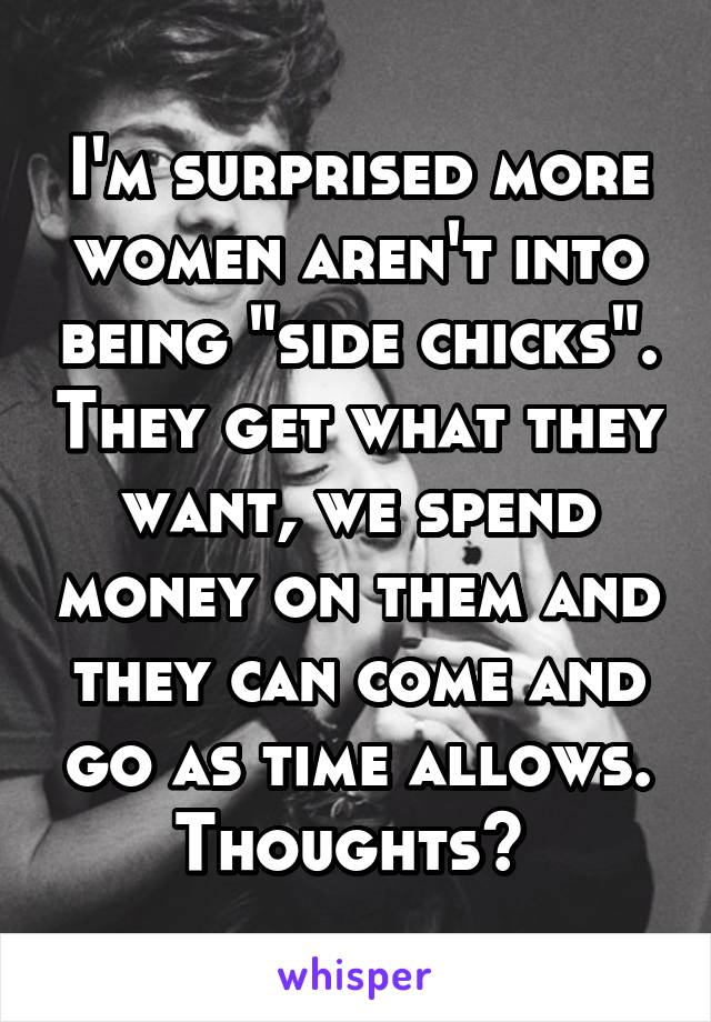 I'm surprised more women aren't into being "side chicks". They get what they want, we spend money on them and they can come and go as time allows. Thoughts? 