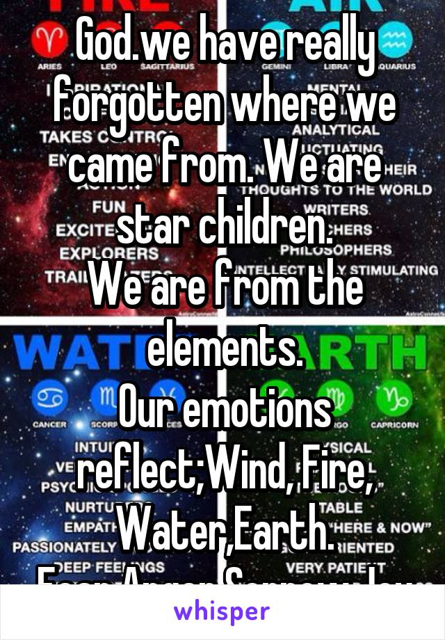 God.we have really forgotten where we came from. We are star children.
We are from the elements.
Our emotions reflect;Wind, Fire, Water,Earth.
Fear,Anger,Sorrow,Joy