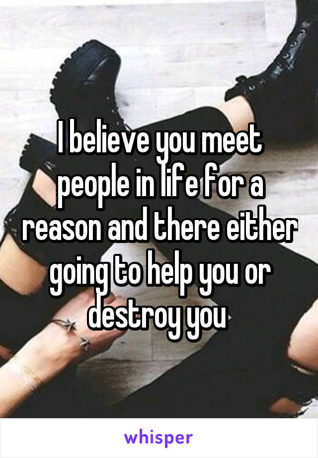 I believe you meet people in life for a reason and there either going to help you or destroy you 