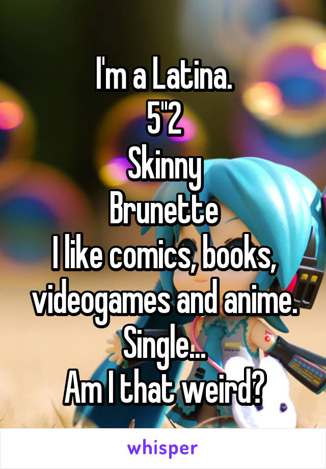 I'm a Latina.
5''2
Skinny
Brunette
I like comics, books, videogames and anime.
Single...
Am I that weird?