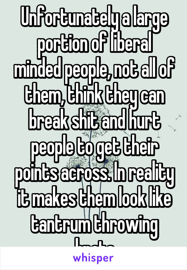 Unfortunately a large portion of liberal minded people, not all of them, think they can break shit and hurt people to get their points across. In reality it makes them look like tantrum throwing brats