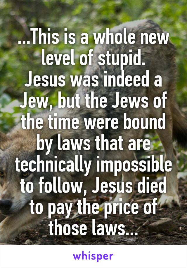 ...This is a whole new level of stupid.
Jesus was indeed a Jew, but the Jews of the time were bound by laws that are technically impossible to follow, Jesus died to pay the price of those laws...