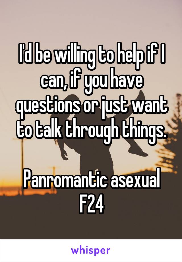 I'd be willing to help if I can, if you have questions or just want to talk through things.
 
Panromantic asexual F24