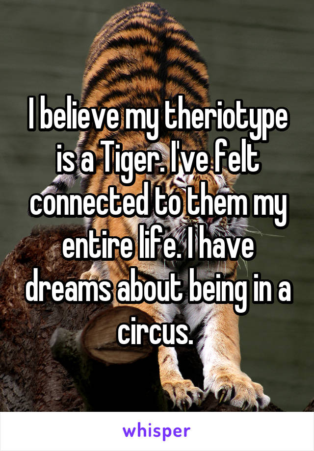 I believe my theriotype is a Tiger. I've felt connected to them my entire life. I have dreams about being in a circus. 