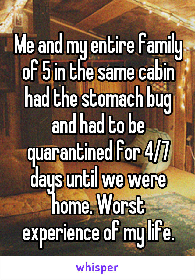 Me and my entire family of 5 in the same cabin had the stomach bug and had to be quarantined for 4/7 days until we were home. Worst experience of my life.