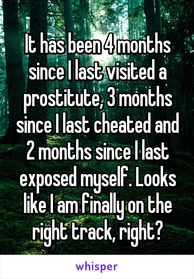 It has been 4 months since I last visited a prostitute, 3 months since I last cheated and 2 months since I last exposed myself. Looks like I am finally on the right track, right?