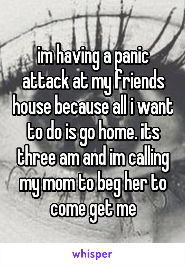 im having a panic attack at my friends house because all i want to do is go home. its three am and im calling my mom to beg her to come get me
