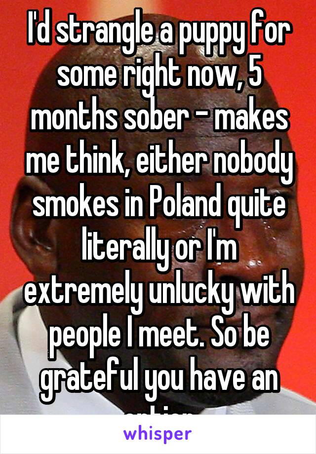 I'd strangle a puppy for some right now, 5 months sober - makes me think, either nobody smokes in Poland quite literally or I'm extremely unlucky with people I meet. So be grateful you have an option