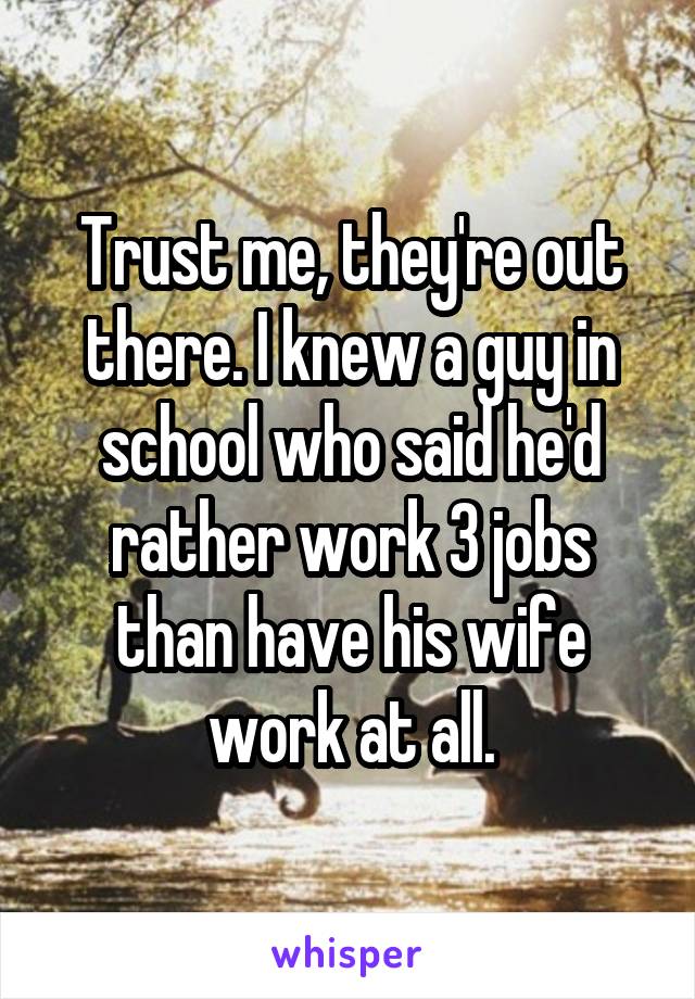 Trust me, they're out there. I knew a guy in school who said he'd rather work 3 jobs than have his wife work at all.