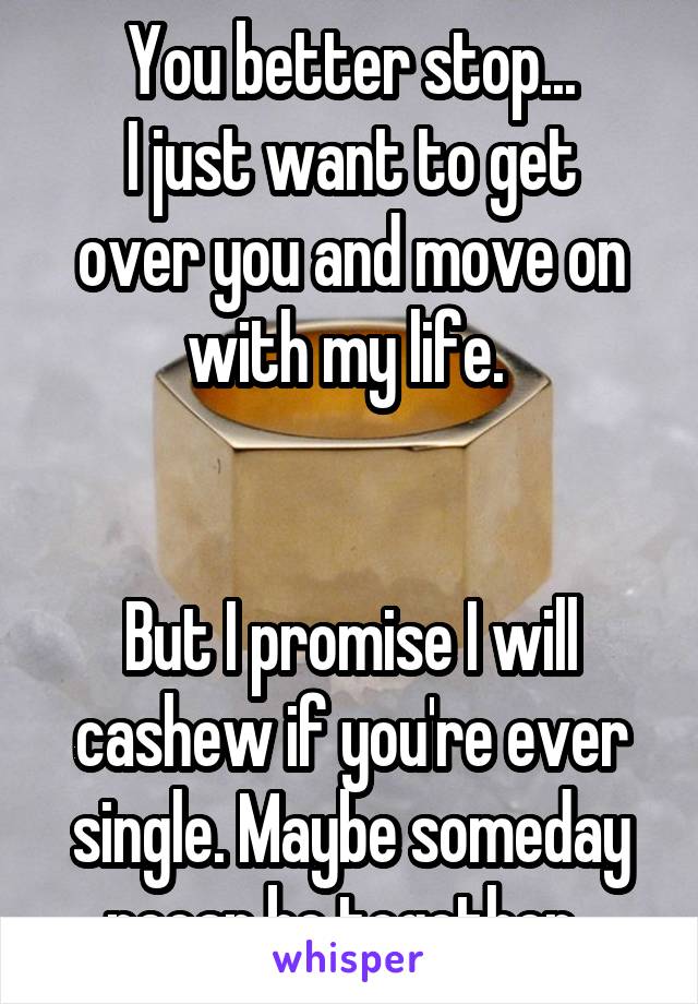 You better stop...
I just want to get over you and move on with my life. 


But I promise I will cashew if you're ever single. Maybe someday pecan be together. 