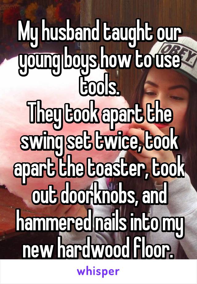 My husband taught our young boys how to use tools.
They took apart the swing set twice, took apart the toaster, took out doorknobs, and hammered nails into my new hardwood floor. 