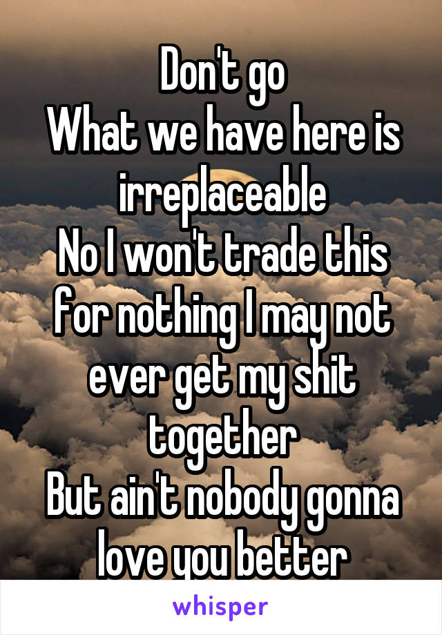 Don't go
What we have here is irreplaceable
No I won't trade this for nothing I may not ever get my shit together
But ain't nobody gonna love you better