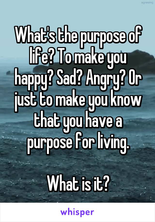 What's the purpose of life? To make you happy? Sad? Angry? Or just to make you know that you have a purpose for living.

What is it?