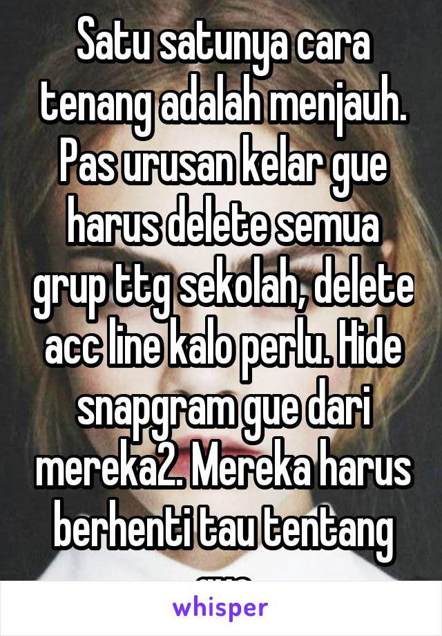 Satu satunya cara tenang adalah menjauh. Pas urusan kelar gue harus delete semua grup ttg sekolah, delete acc line kalo perlu. Hide snapgram gue dari mereka2. Mereka harus berhenti tau tentang gue